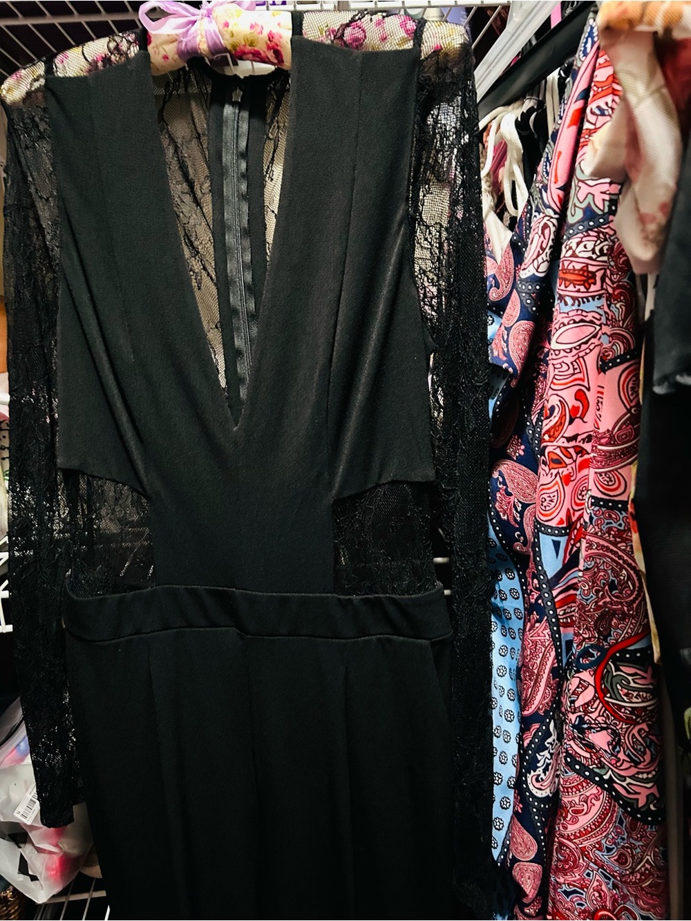 Express Black Lace Long Sleeve V-Neck jumpsuit/zips in back/lacy sleeves NWT